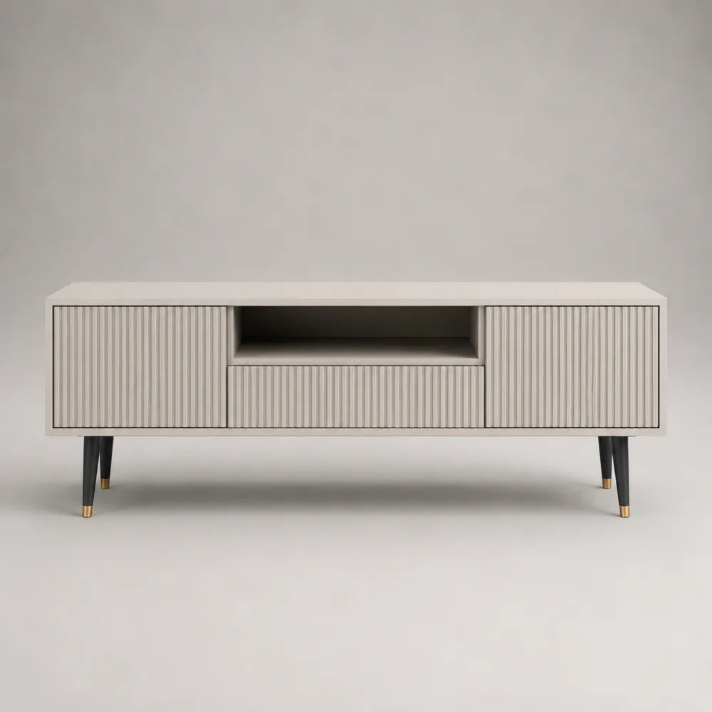 Meuble TV 180 x 40 x 55 cm en MDF blanc avec portes rainurées niche ouverte et pieds métal noir