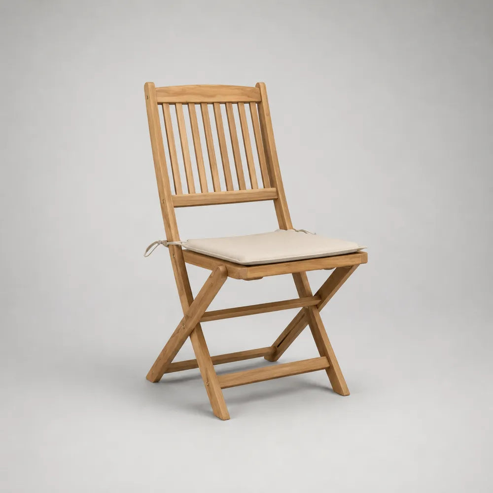 Chaise de jardin pliante en bois d'acacia avec coussin beige structure à lattes 55 x 65 x 95 cm