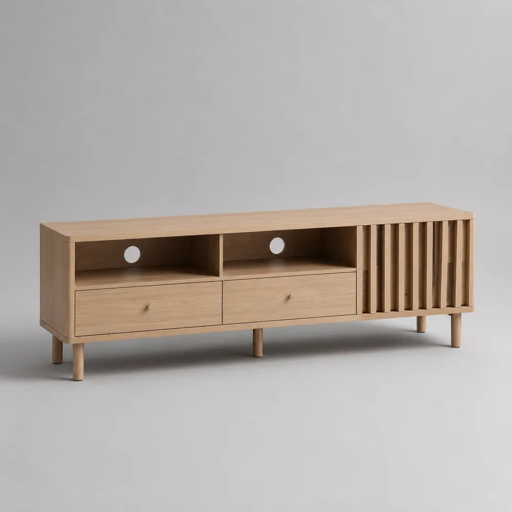Meuble TV bas 200 x 40 x 50 cm en MDF effet chêne clair avec tiroirs niches et rangement fermé