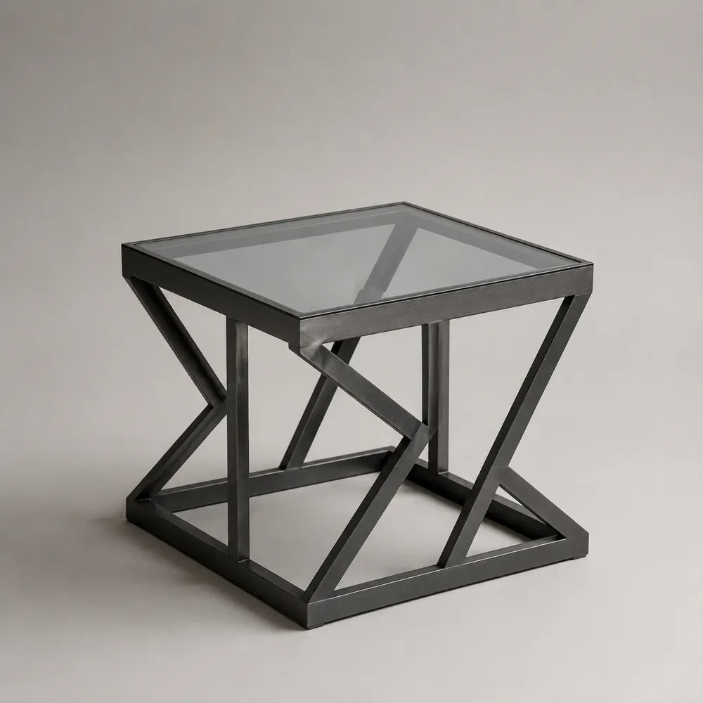 Table d'appoint carrée en acier noir avec plateau en verre trempé transparent 50 x 50 x 45 cm