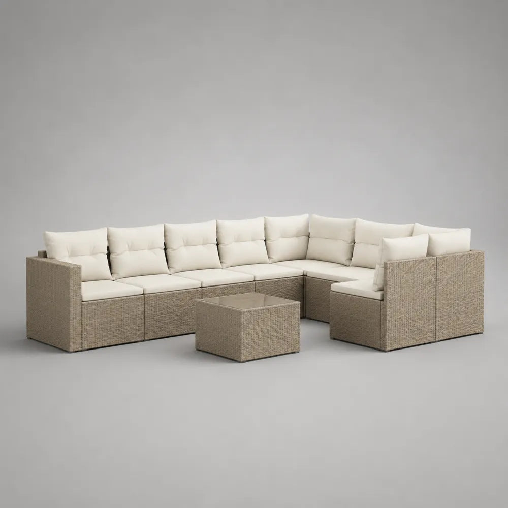Salon de jardin d'angle 10 places en résine tressée beige avec coussins blanc cassé et table basse 360 x 260 x 75 cm