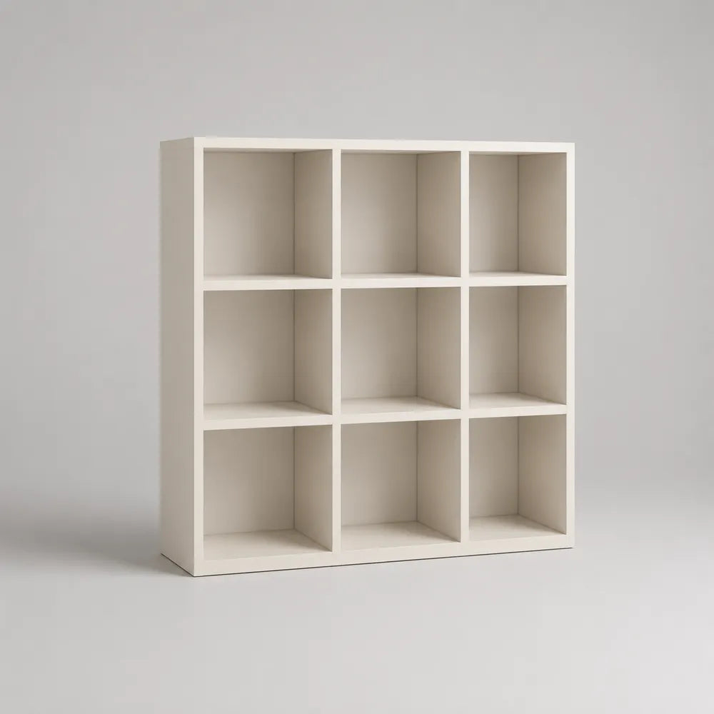 Bibliothèque 9 cases 120 x 30 x 120 cm en MDF blanc structure rectangulaire avec compartiments ouverts