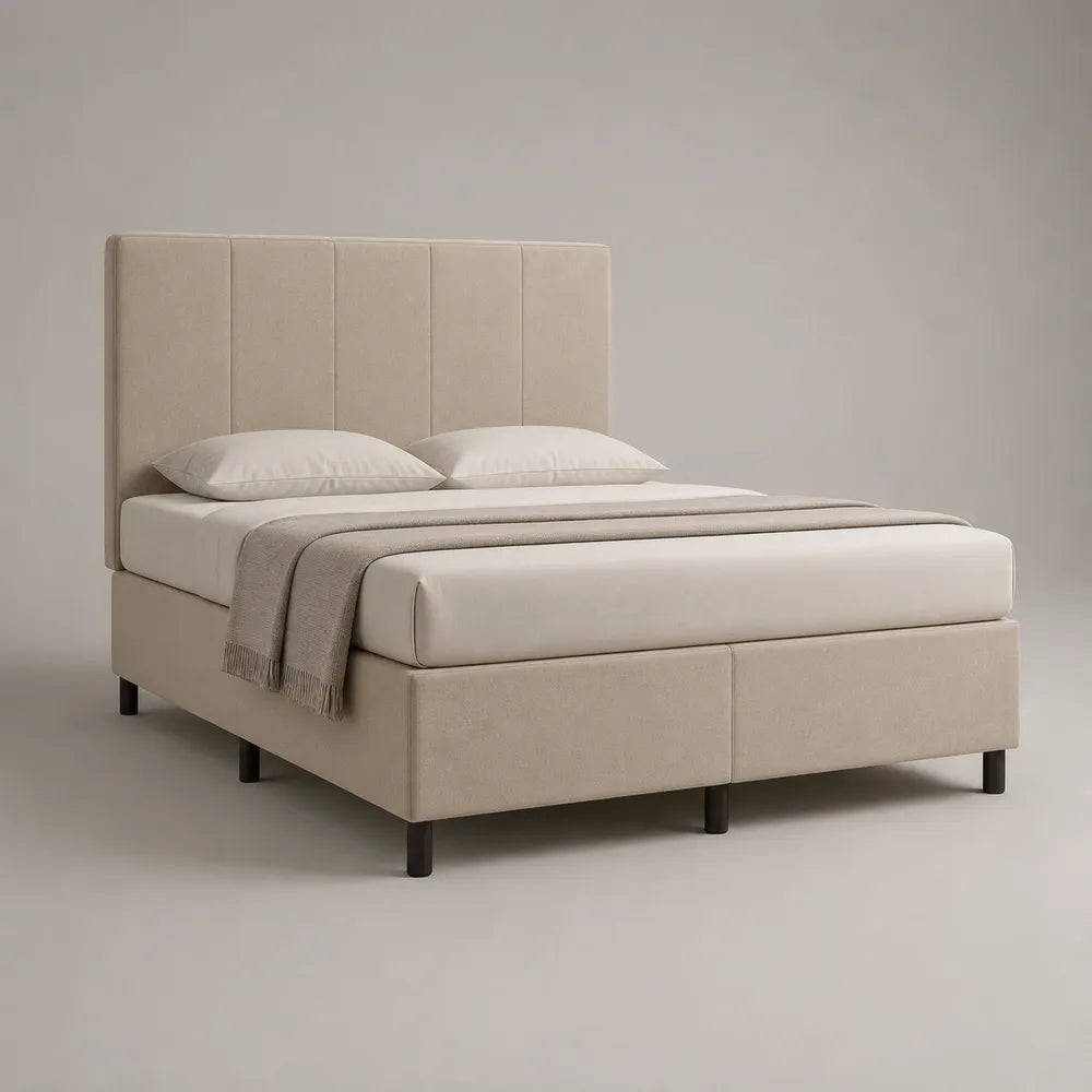 Lit double rembourré en tissu beige avec tête de lit à panneaux verticaux et pieds en acier noir 160 x 200 cm