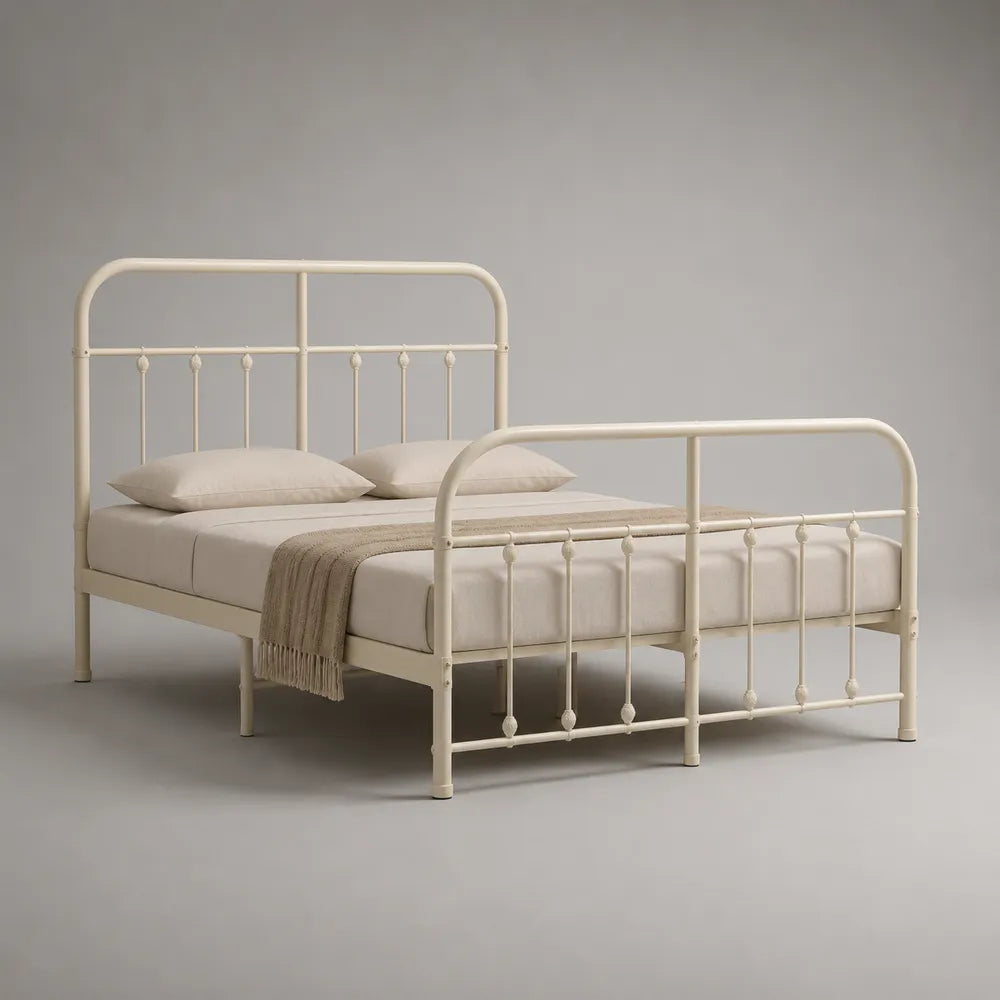 Lit double 160 x 200 cm en acier blanc forme rectangulaire avec tête et pied de lit