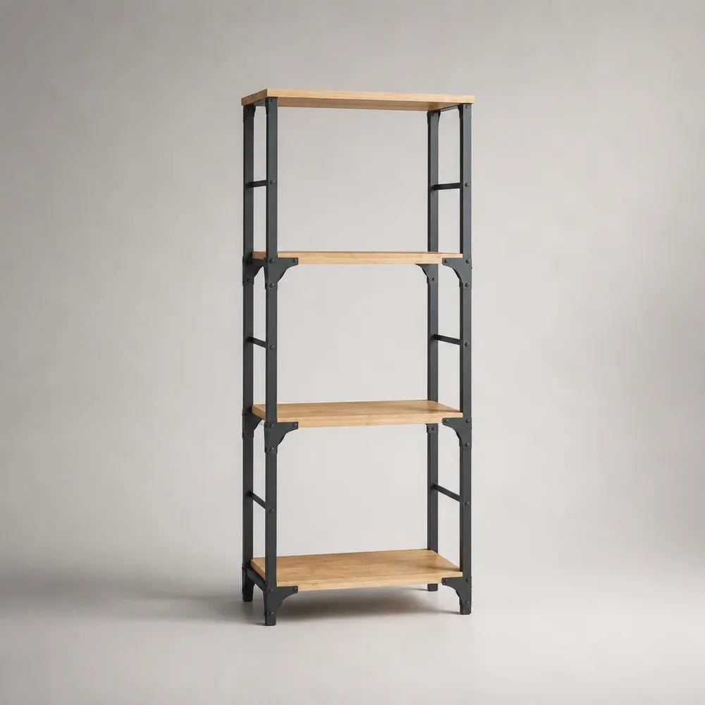 Bibliothèque en acier et MDF rectangulaire 4 étagères chêne naturel noir 80 x 35 x 180 cm