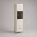 Bibliothèque haute 60 x 35 x 180 cm en MDF blanc avec portes niche ouverte tiroirs et pieds acier doré
