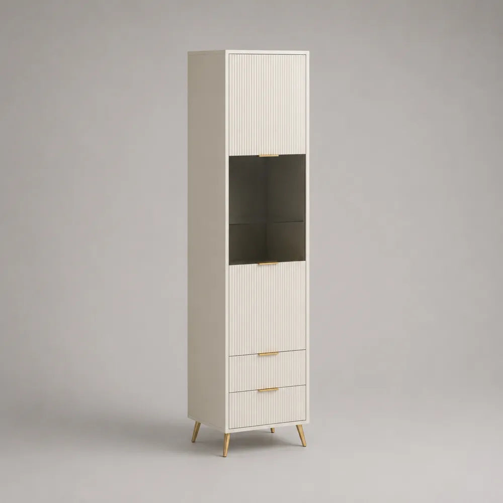 Bibliothèque haute 60 x 35 x 180 cm en MDF blanc avec portes niche ouverte tiroirs et pieds acier doré