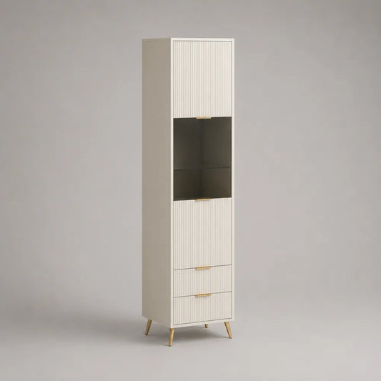 Bibliothèque haute 60 x 35 x 180 cm en MDF blanc avec portes niche ouverte tiroirs et pieds acier doré