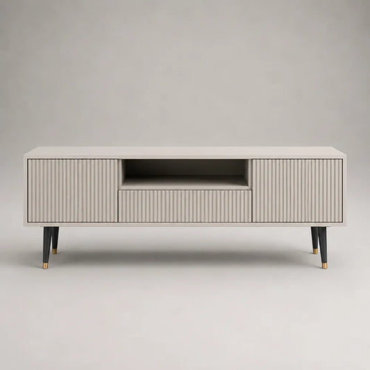 Meuble TV 180 x 40 x 55 cm en MDF blanc avec portes rainurées niche ouverte et pieds métal noir