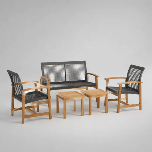Salon de jardin 5 pièces en bois d'acacia et résine tressée noire avec canapé fauteuils et tables basses 240 x 80 x 85 cm