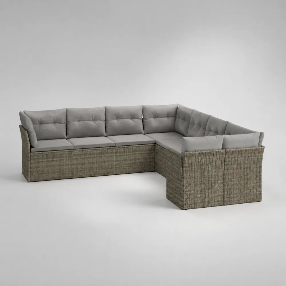 Canapé de jardin d'angle 7 places en résine tressée avec coussins polyester gris beige 270 x 210 x 75 cm