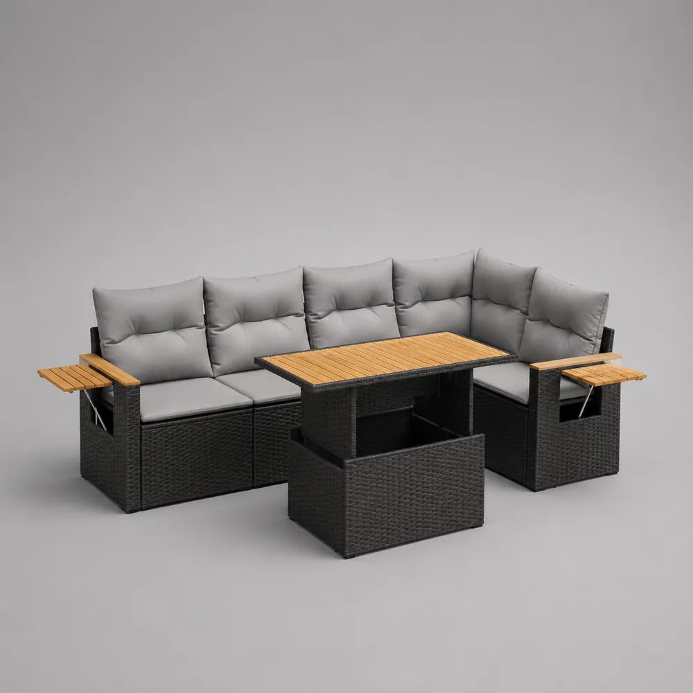 Salon de jardin d'angle 7 places en résine tressée noire avec coussins gris et table relevable plateau bois 260 x 220 x 75 cm