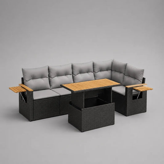 Salon de jardin d'angle 7 places en résine tressée noire avec coussins gris et table relevable plateau bois 260 x 220 x 75 cm
