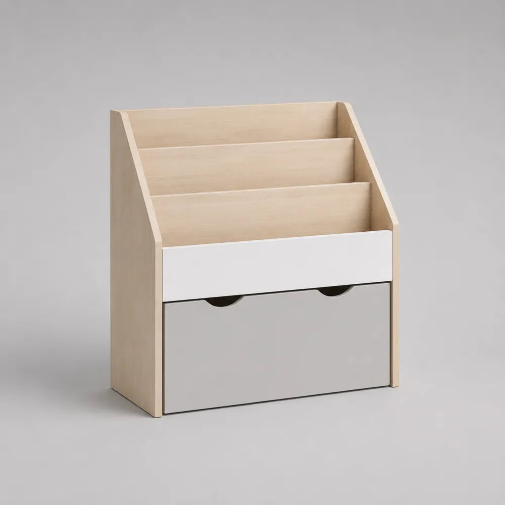 Bibliothèque 80x40x90 cm en MDF blanc et chêne clair avec rangement et étagères inclinées rectangulaire