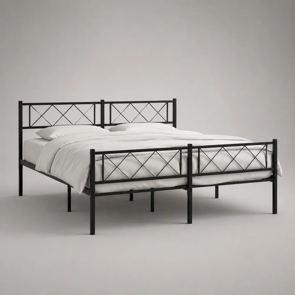 Lit double 160 x 200 cm avec cadre de lit en acier noir et tête de lit ajourée géométrique
