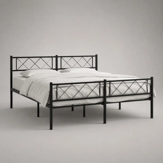 Lit double 160 x 200 cm avec cadre de lit en acier noir et tête de lit ajourée géométrique