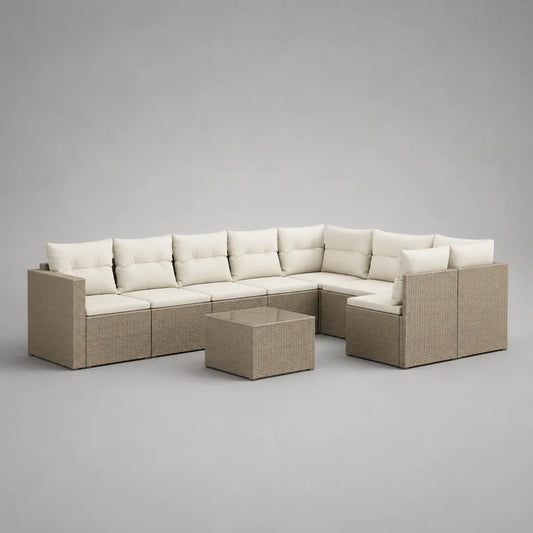 Salon de jardin d'angle 10 places en résine tressée beige avec coussins blanc cassé et table basse 360 x 260 x 75 cm