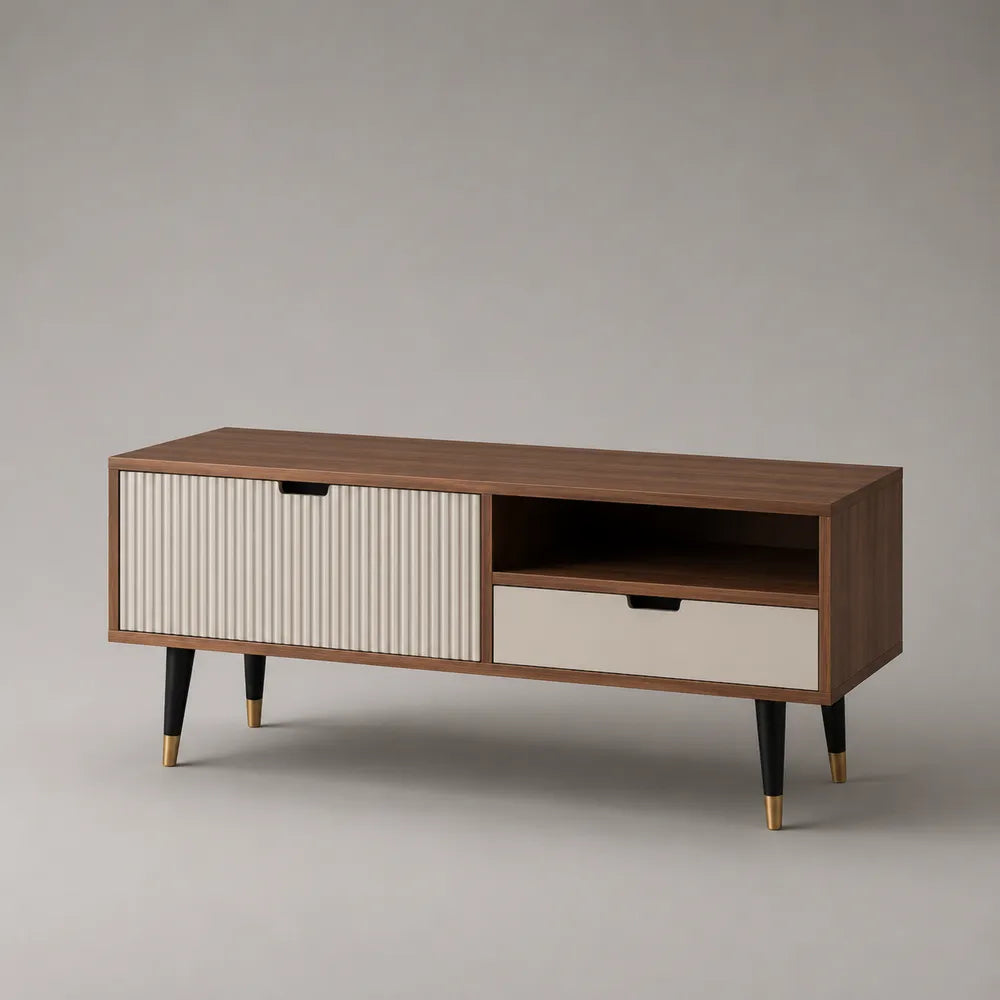 Meuble TV bas en MDF finition noyer avec porte rainurée tiroir et niche ouverte 180 x 40 x 50 cm
