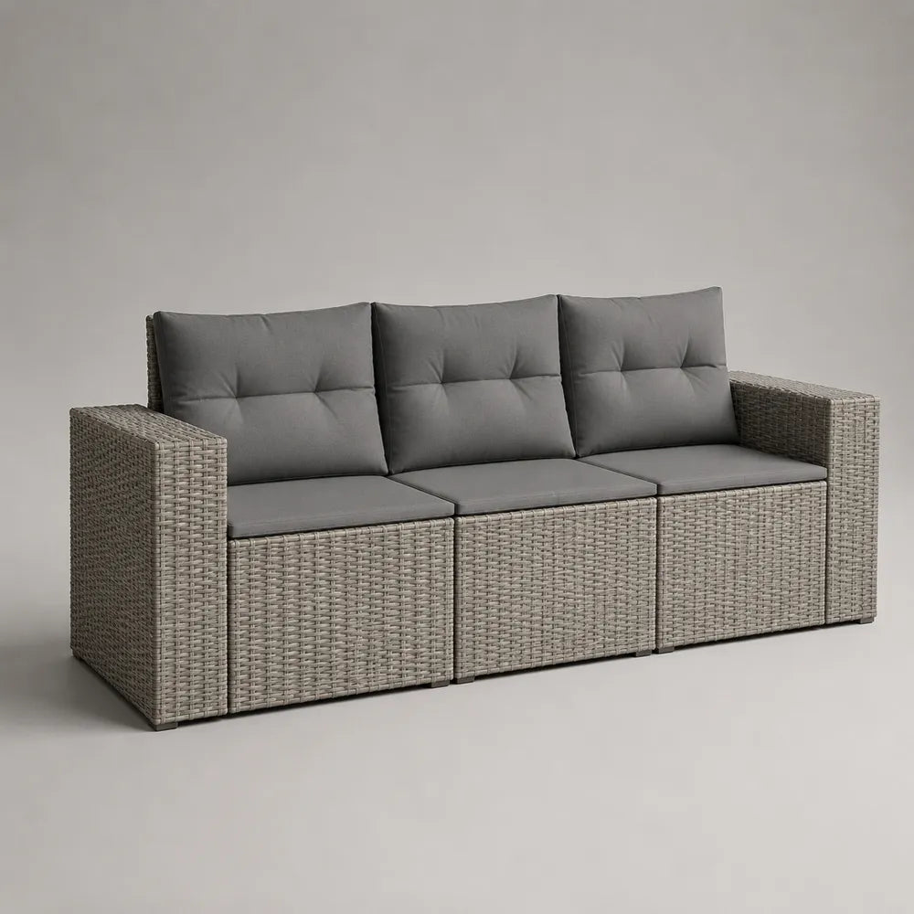 Canapé de jardin 3 places en résine tressée beige avec coussins gris 220 x 85 x 75 cm