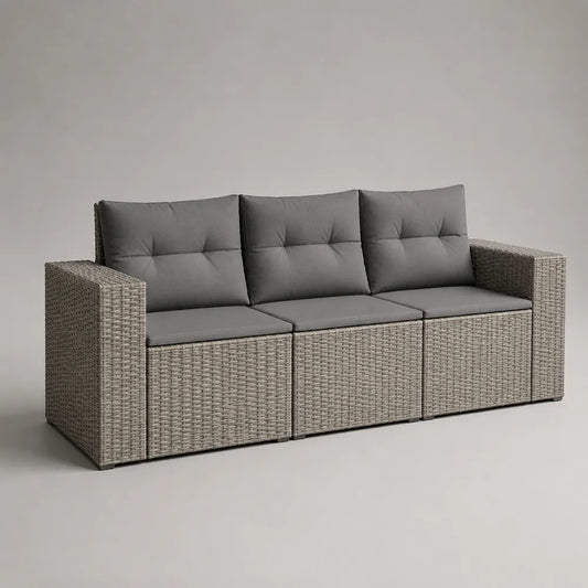 Canapé de jardin 3 places en résine tressée beige avec coussins gris 220 x 85 x 75 cm