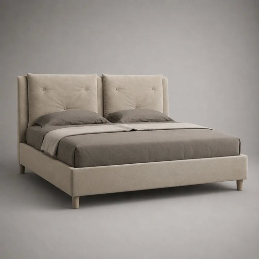 Lit double rembourré en tissu beige avec tête de lit capitonnée et pieds en bois 160 x 200 cm