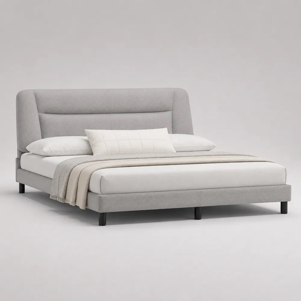 Lit double 160 x 200 cm avec cadre rembourré en tissu gris et tête de lit capitonnée à panneaux horizontaux