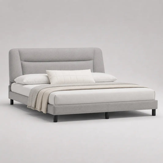 Lit double 160 x 200 cm avec cadre rembourré en tissu gris et tête de lit capitonnée à panneaux horizontaux