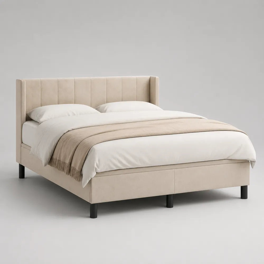 Lit double rembourré en tissu polyester beige avec tête de lit à panneaux verticaux 160 x 200 cm