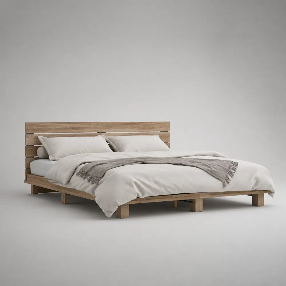 Lit double 160 x 200 cm avec cadre de lit en bois effet chêne clair et tête de lit à lattes horizontales