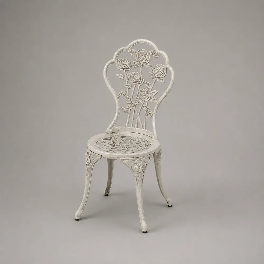 Chaise de jardin en aluminium blanc avec dossier ajouré motif floral et assise ronde 55 x 55 x 95 cm