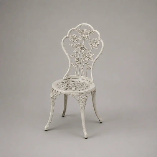 Chaise de jardin en aluminium blanc avec dossier ajouré motif floral et assise ronde 55 x 55 x 95 cm