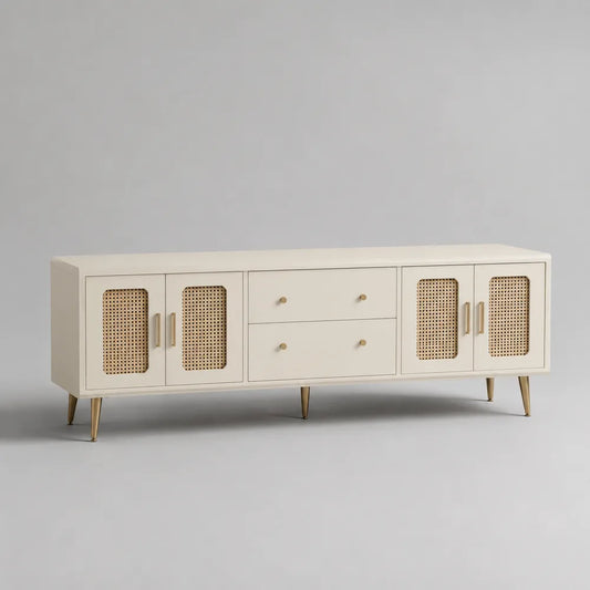 Meuble TV 240x40x60 cm en MDF blanc avec portes cannage et pieds métal doré