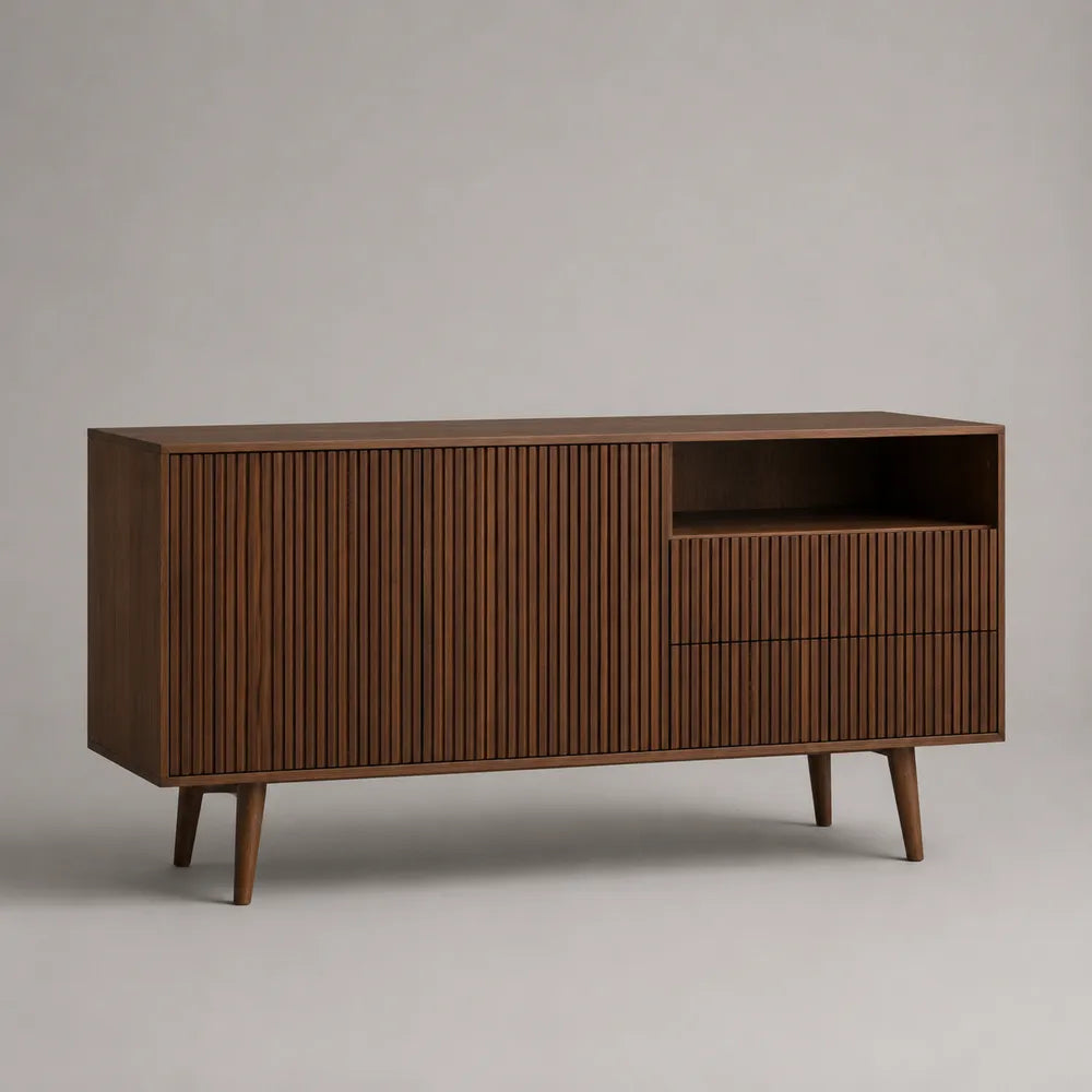 Meuble TV 180 x 40 x 70 cm en MDF marron effet bois avec portes rainurées et niche ouverte