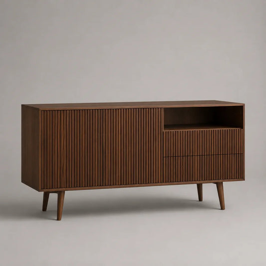 Meuble TV 180 x 40 x 70 cm en MDF marron effet bois avec portes rainurées et niche ouverte