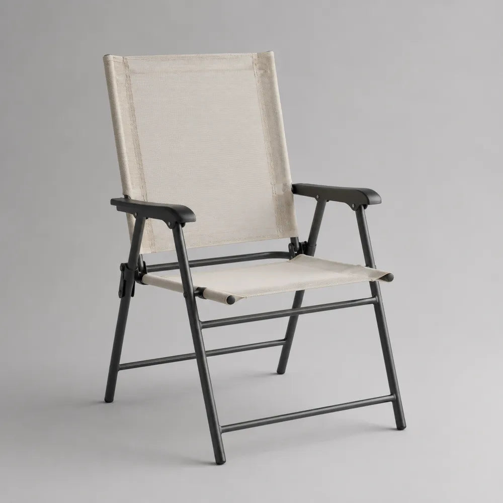 Chaise de jardin pliante avec accoudoirs en acier et toile polyester beige 65 x 75 x 95 cm