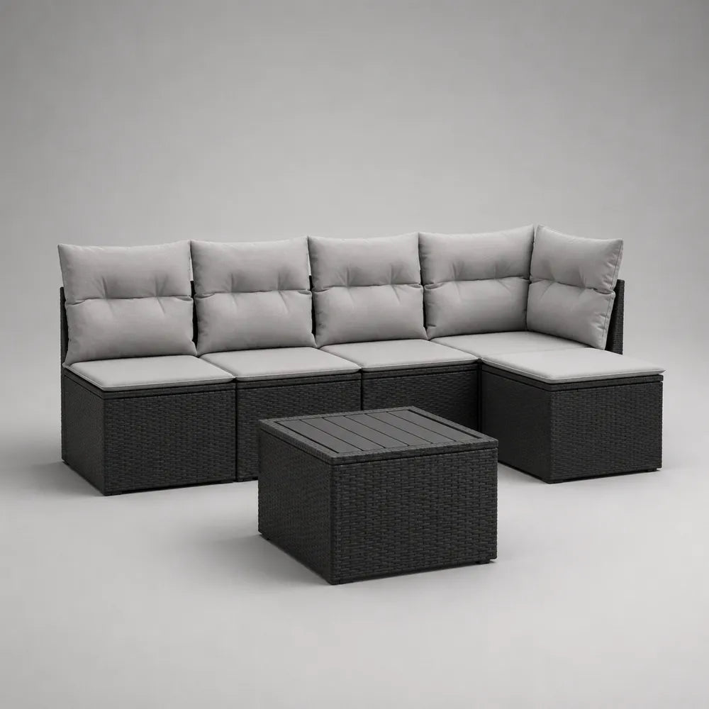 Salon de jardin d'angle 6 places en résine tressée noire avec coussins polyester gris et table basse plateau bois 280 x 210 x 75 cm