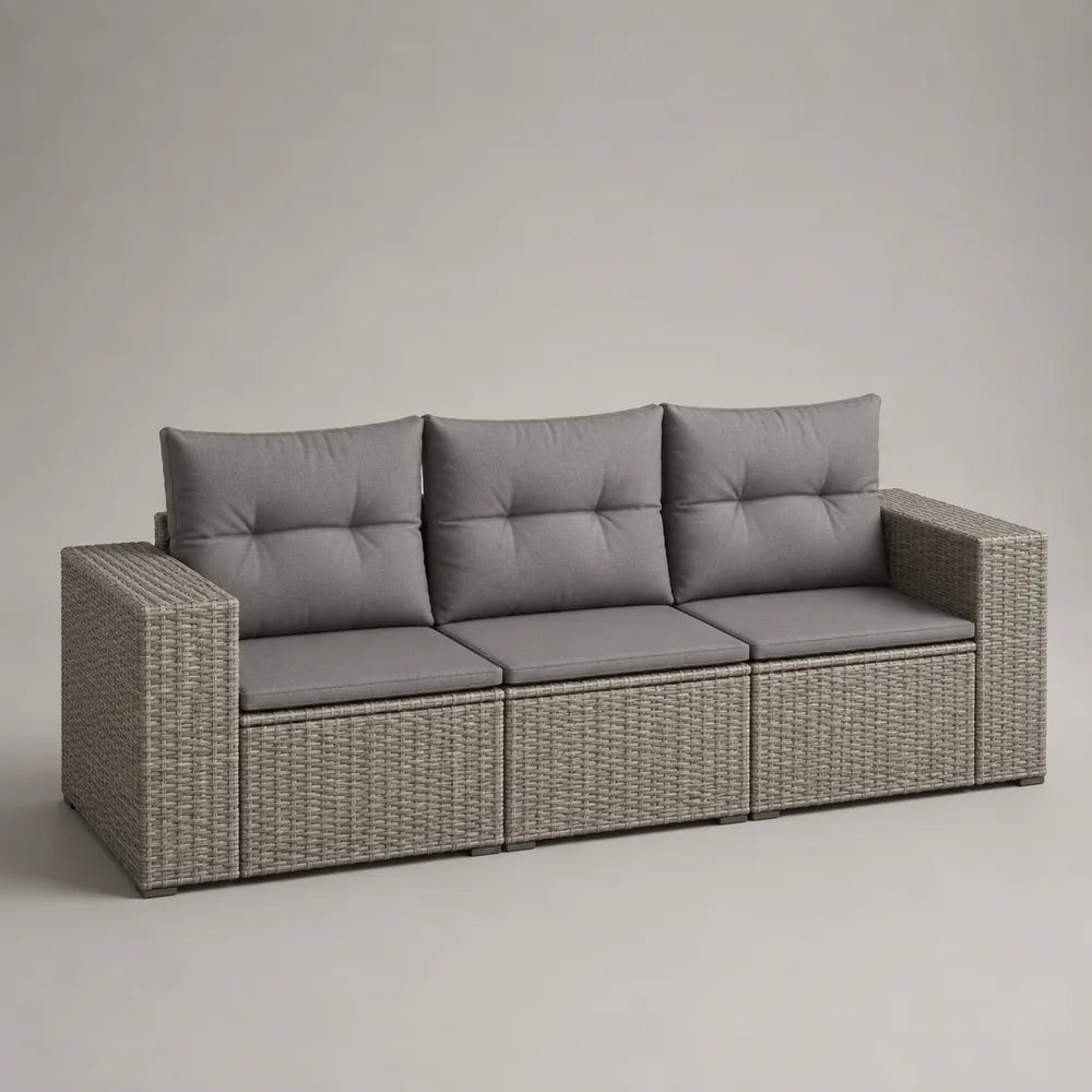 Canapé de jardin 3 places en résine tressée beige avec coussins polyester gris 220 x 85 x 75 cm