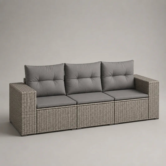 Canapé de jardin 3 places en résine tressée beige avec coussins polyester gris 220 x 85 x 75 cm