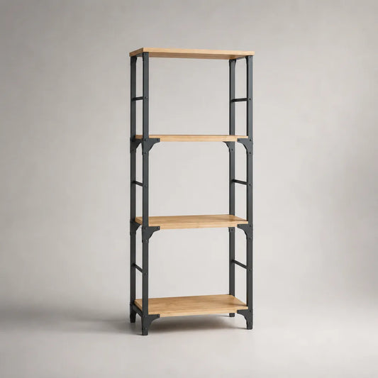 Bibliothèque en acier et MDF rectangulaire 4 étagères chêne naturel noir 80 x 35 x 180 cm