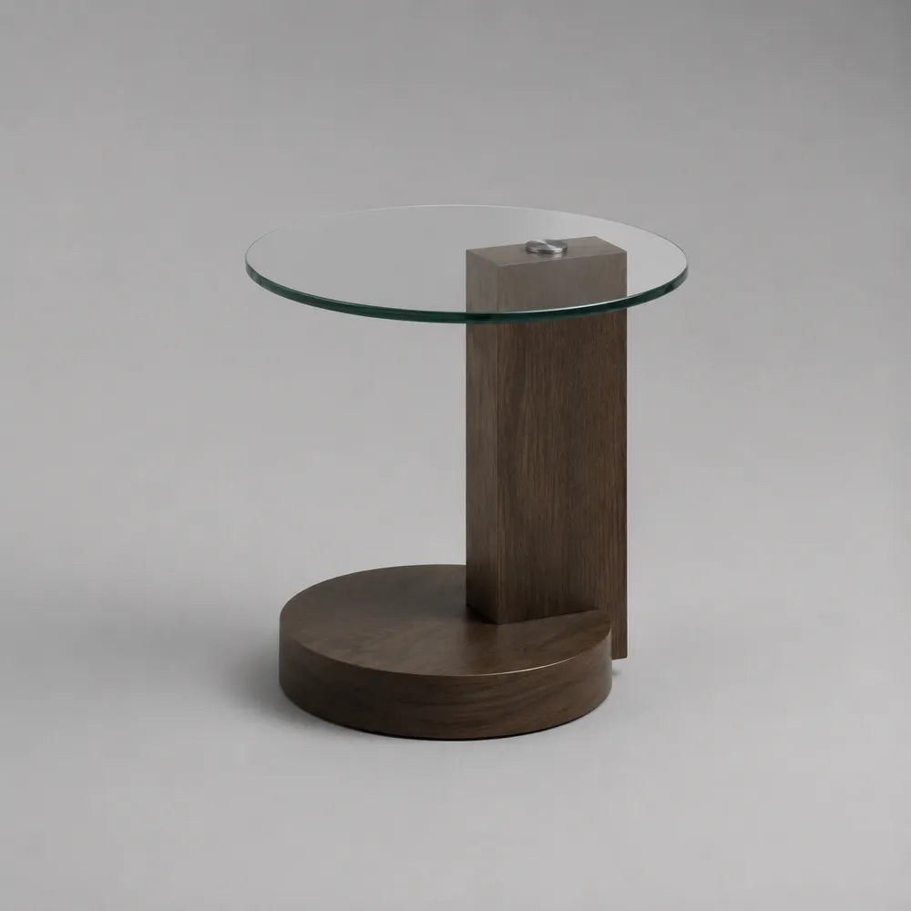 Table d'appoint ronde en verre trempé et bois brun avec base cylindrique 50 x 50 x 55 cm