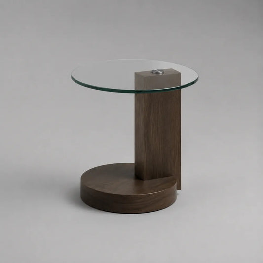 Table d'appoint ronde en verre trempé et bois brun avec base cylindrique 50 x 50 x 55 cm