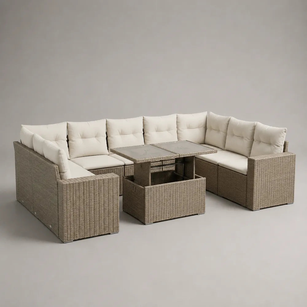 Salon de jardin d'angle modulable 9 places en résine tressée beige avec coussins blancs et table basse en verre 350 x 250 x 75 cm